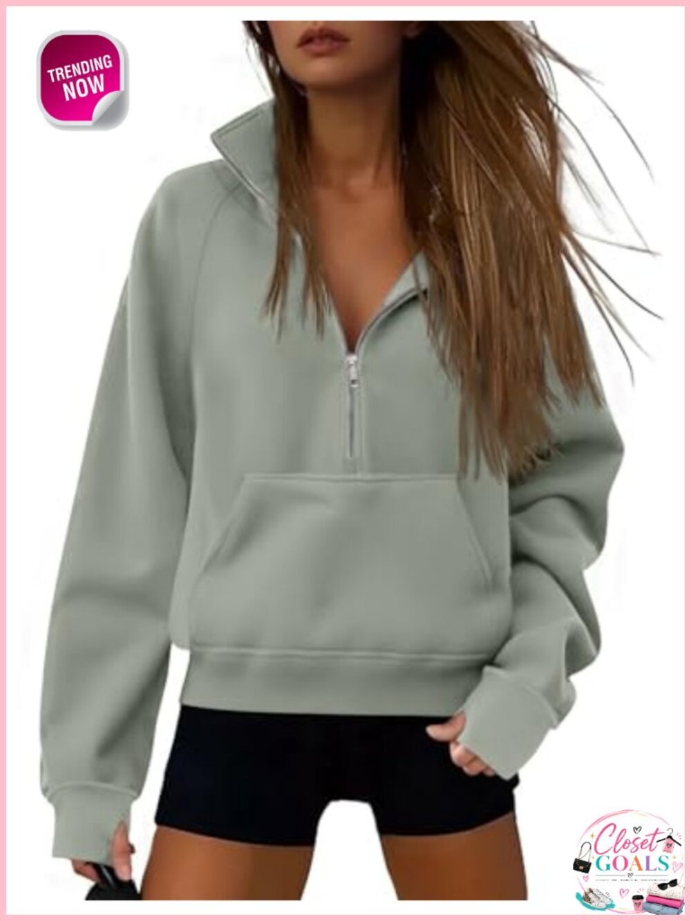 Womens Half Zip Cropped Sweatshirt Fleece Lined Pullover Hoodie Thumb Holes